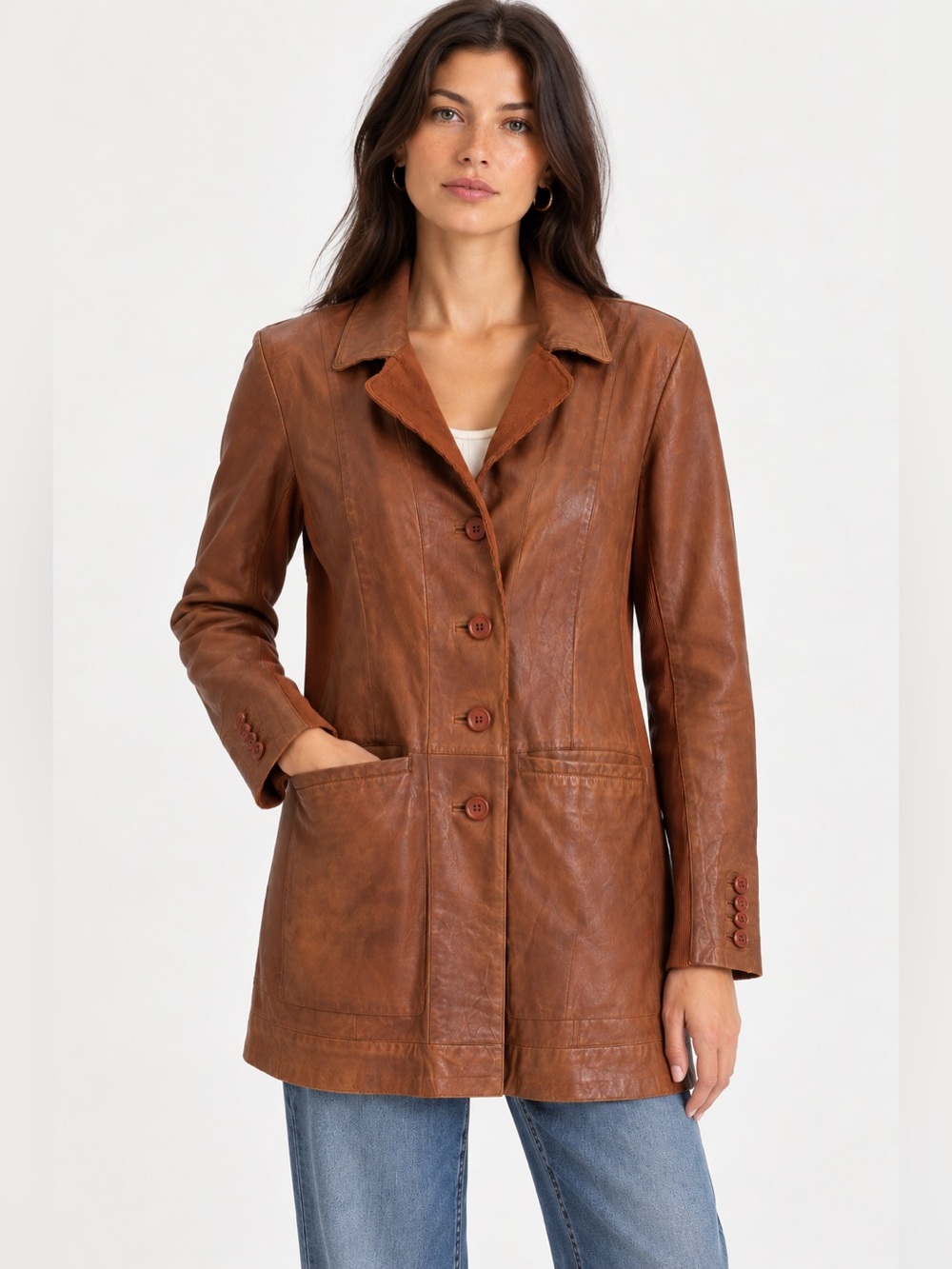 Jakett New York Brown Leather Rib Knit Long Blazer Jacket Size Large